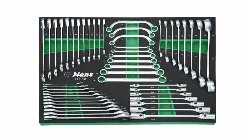 stand with tools, type gap: soft content, tool number: 49 pc, type tool:  Wrench/e socket; Wrench/e ring; Wrench/e ring open; Wrench/e ring bended; 