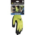 Handskar, trikåfinger, latexhandflata, hiviz gul 7, delta plus