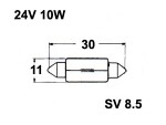 двухцокольная лампа 24V 10x31mm 10W, (SV8.5)